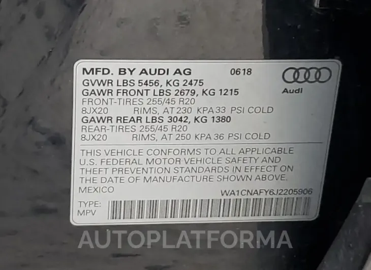 AUDI Q5 PRESTIG 2018 vin WA1CNAFY6J2205906 from auto auction Copart