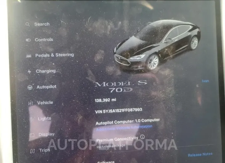 TESLA MODEL S 70 2015 vin 5YJSA1S21FF087993 from auto auction Copart