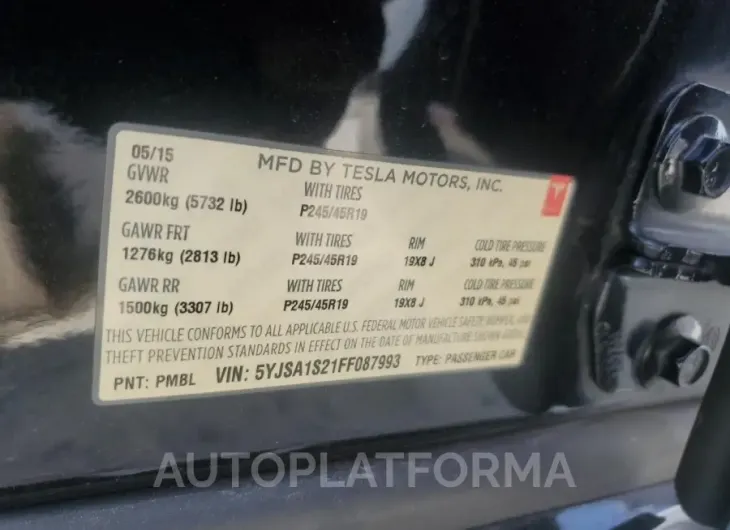 TESLA MODEL S 70 2015 vin 5YJSA1S21FF087993 from auto auction Copart