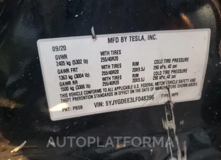 TESLA MODEL Y 2020 vin 5YJYGDEE3LF048396 from auto auction Copart