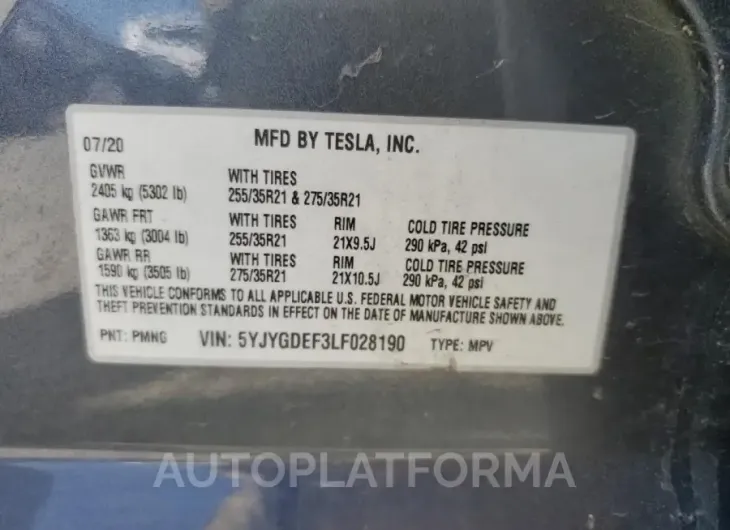 TESLA MODEL Y 2020 vin 5YJYGDEF3LF028190 from auto auction Copart