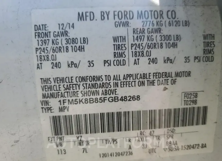 FORD EXPLORER 2015 vin 1FM5K8B85FGB48268 from auto auction Copart