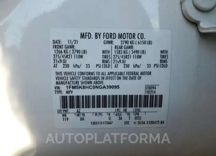 FORD EXPLORER P 2022 vin 1FM5K8HC0NGA39095 from auto auction Copart