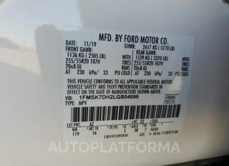 FORD EXPLORER X 2020 vin 1FMSK7DH2LGB04699 from auto auction Copart