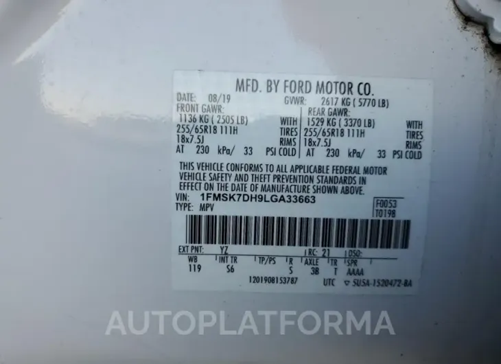 FORD EXPLORER X 2020 vin 1FMSK7DH9LGA33663 from auto auction Copart