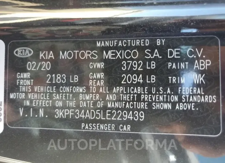 KIA FORTE GT L 2020 vin 3KPF34AD5LE229439 from auto auction Copart