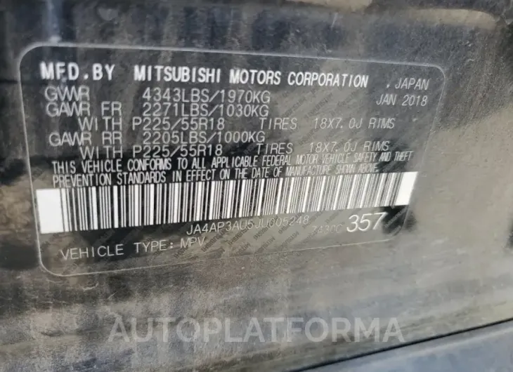 MITSUBISHI outlander 2018 vin JA4AP3AU5JU005248 from auto auction Copart