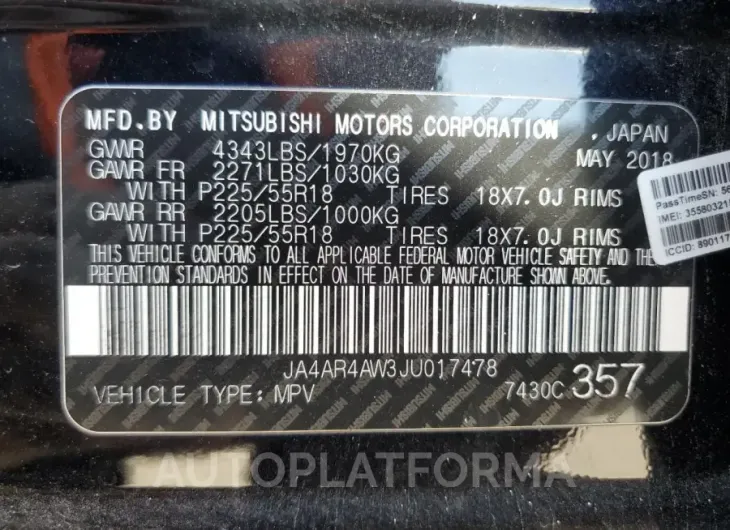 MITSUBISHI outlander 2018 vin JA4AR4AW3JU017478 from auto auction Copart