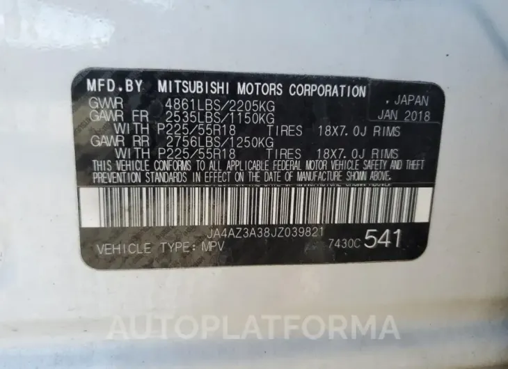 MITSUBISHI outlander 2018 vin JA4AZ3A38JZ039821 from auto auction Copart