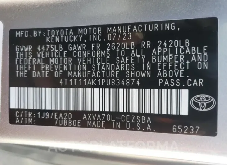 TOYOTA CAMRY SE N 2023 vin 4T1T11AK1PU834874 from auto auction Copart