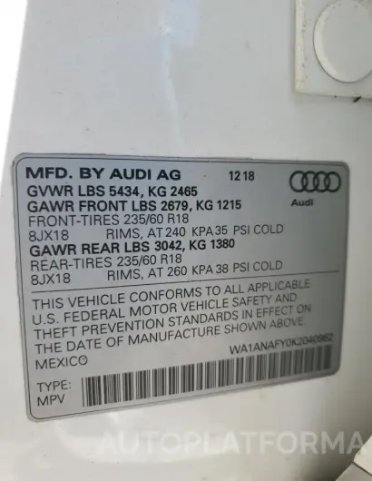 AUDI Q5 PREMIUM 2019 vin WA1ANAFY0K2040962 from auto auction Copart