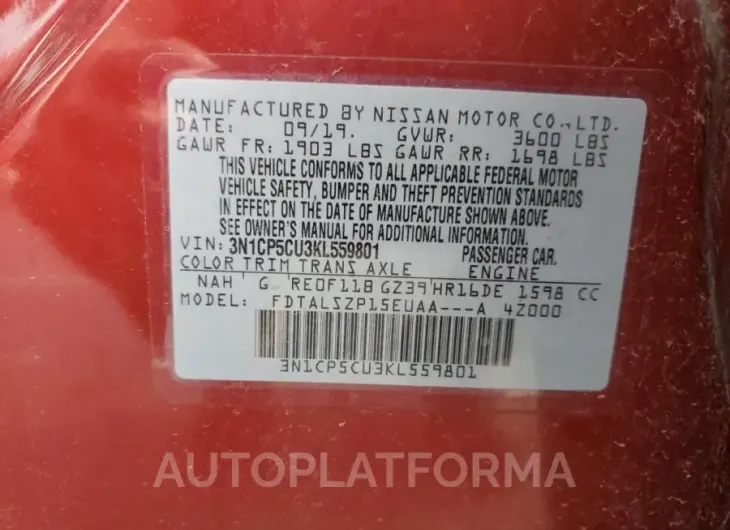 NISSAN KICKS S 2019 vin 3N1CP5CU3KL559801 from auto auction Copart