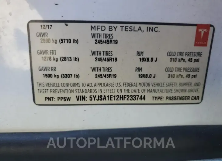 TESLA MODEL S 2017 vin 5YJSA1E12HF233744 from auto auction Copart