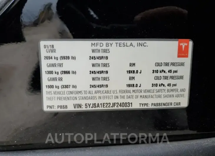 TESLA MODEL S 2018 vin 5YJSA1E22JF240031 from auto auction Copart