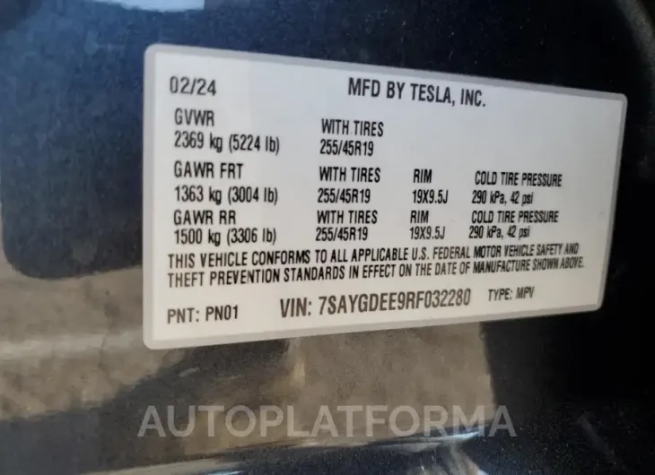 TESLA MODEL Y 2024 vin 7SAYGDEE9RF032280 from auto auction Copart