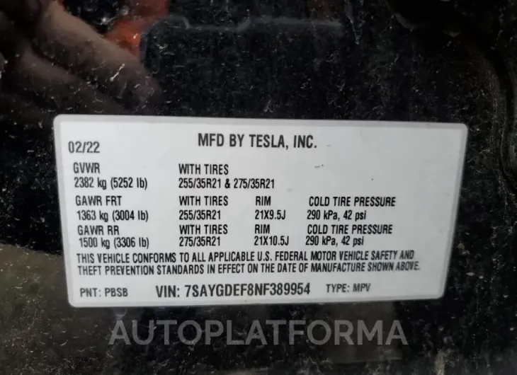 TESLA MODEL Y 2022 vin 7SAYGDEF8NF389954 from auto auction Copart