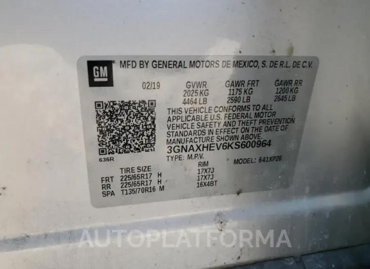 CHEVROLET EQUINOX LS 2019 vin 3GNAXHEV6KS600964 from auto auction Copart