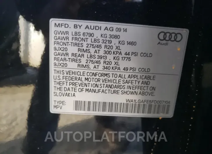 AUDI Q7 PREMIUM 2015 vin WA1LGAFE5FD007104 from auto auction Copart