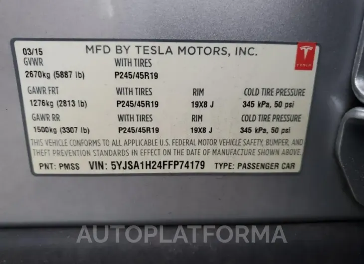 TESLA MODEL S 85 2015 vin 5YJSA1H24FFP74179 from auto auction Copart