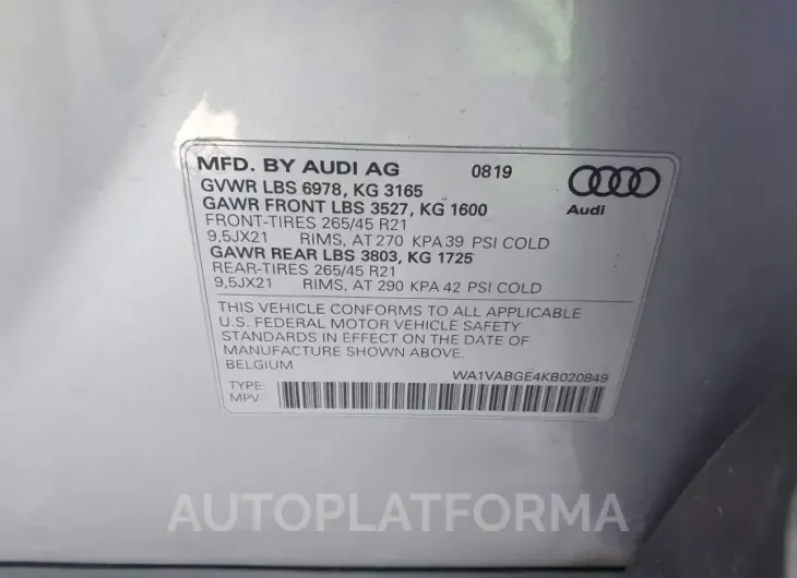 AUDI E-TRON 2019 vin WA1VABGE4KB020849 from auto auction Iaai