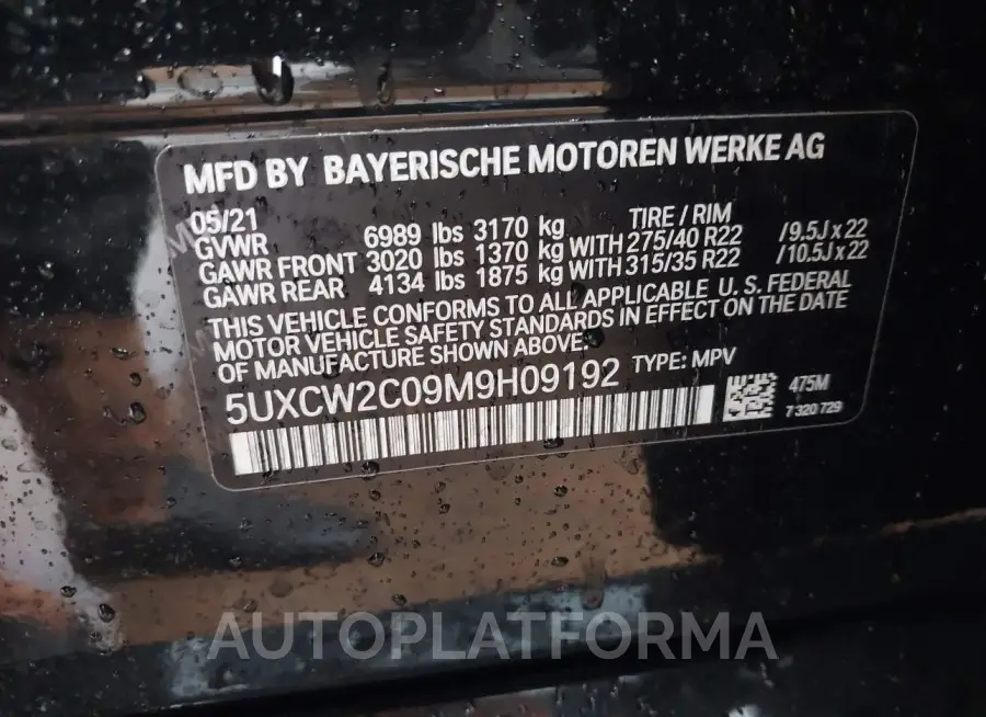 BMW X7 2021 vin 5UXCW2C09M9H09192 from auto auction Iaai