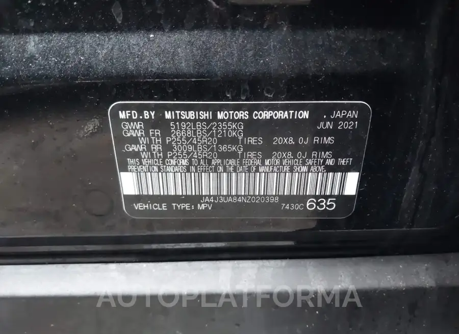 MITSUBISHI outlander 2022 vin JA4J3UA84NZ020398 from auto auction Iaai