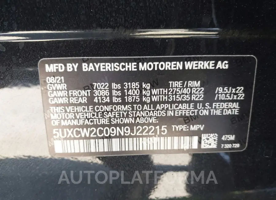 BMW X7 2022 vin 5UXCW2C09N9J22215 from auto auction Iaai