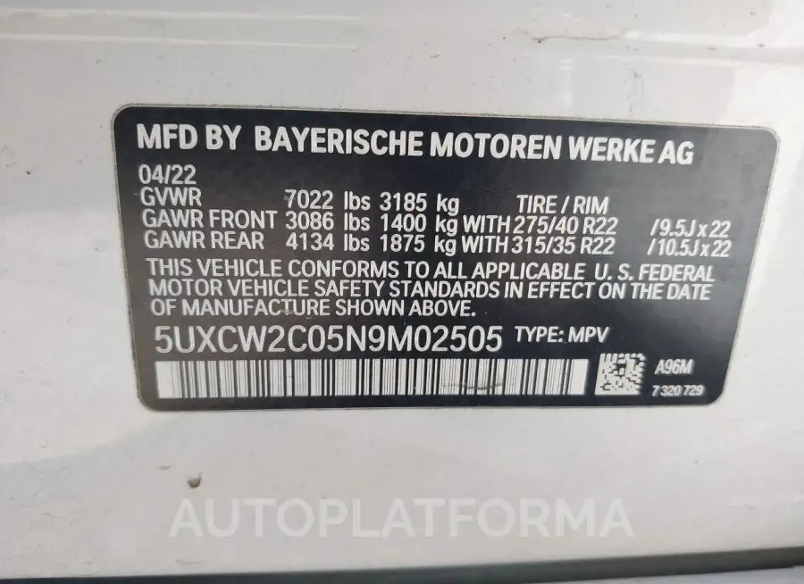 BMW X7 2022 vin 5UXCW2C05N9M02505 from auto auction Iaai