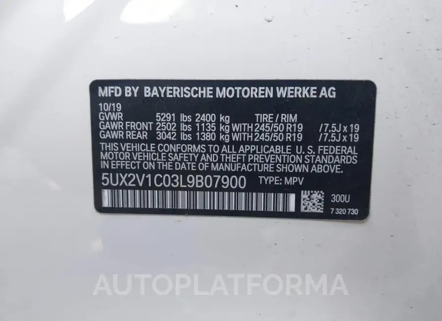 BMW X4 2020 vin 5UX2V1C03L9B07900 from auto auction Iaai