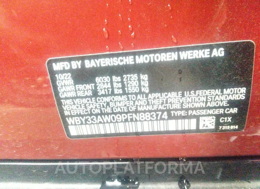 BMW I4 2023 vin WBY33AW09PFN88374 from auto auction Iaai