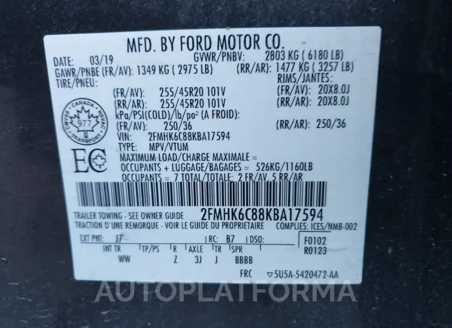 FORD FLEX 2019 vin 2FMHK6C88KBA17594 from auto auction Iaai