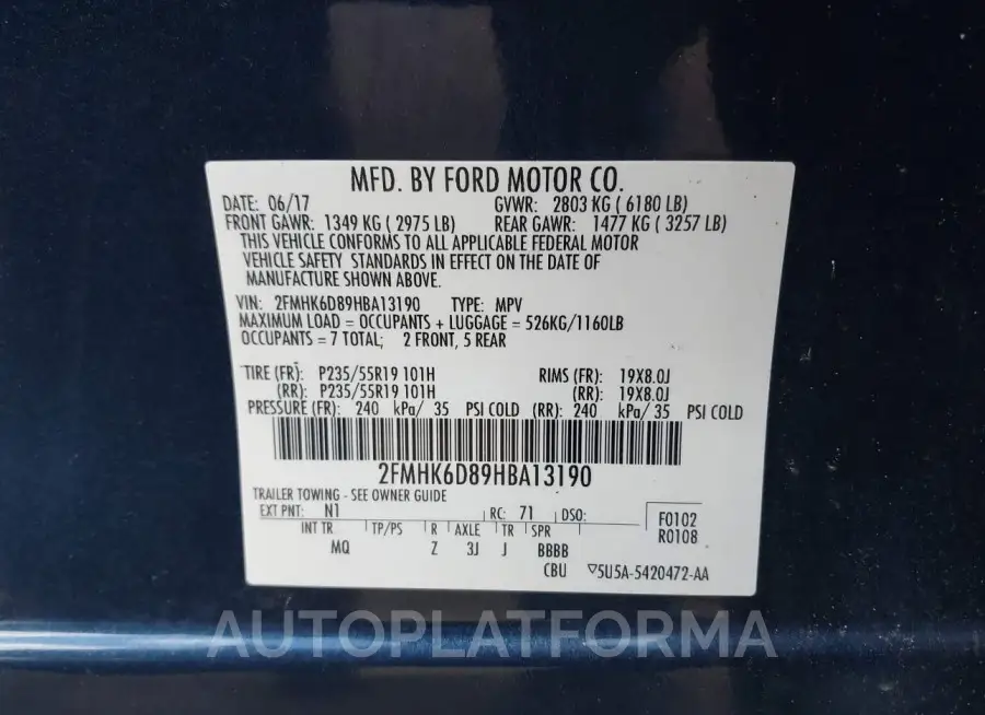 FORD FLEX 2017 vin 2FMHK6D89HBA13190 from auto auction Iaai