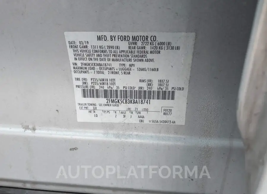 FORD FLEX 2019 vin 2FMGK5C83KBA18741 from auto auction Iaai