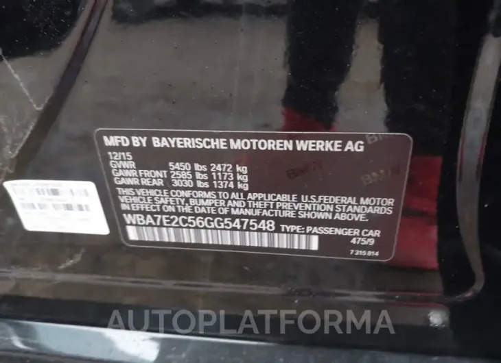 BMW 740I 2016 vin WBA7E2C56GG547548 from auto auction Iaai