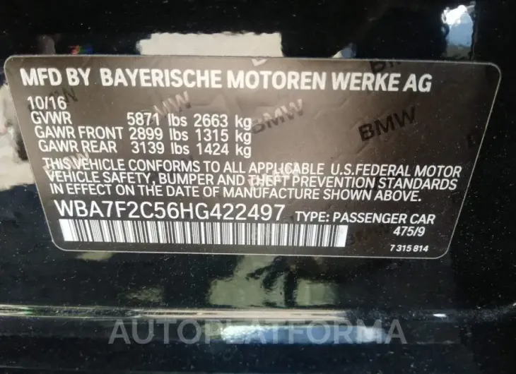 BMW ALPINA B7 2017 vin WBA7F2C56HG422497 from auto auction Iaai