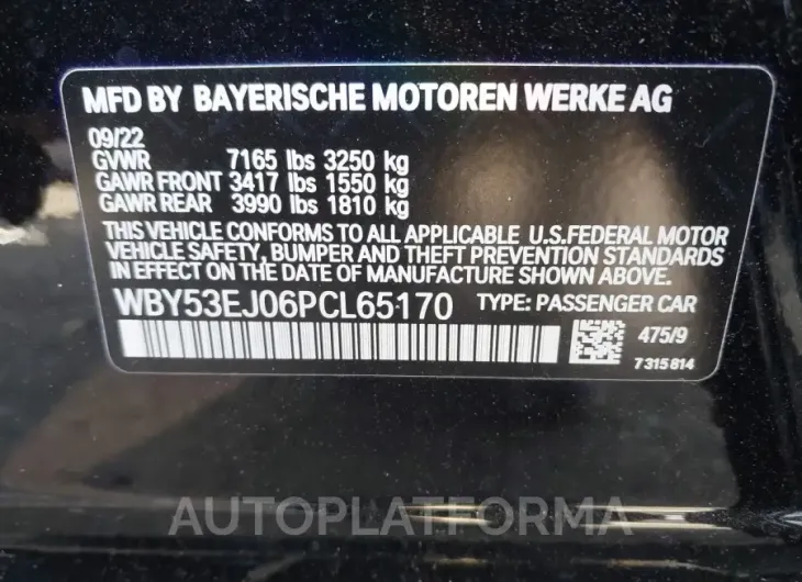 BMW I7 2023 vin WBY53EJ06PCL65170 from auto auction Iaai