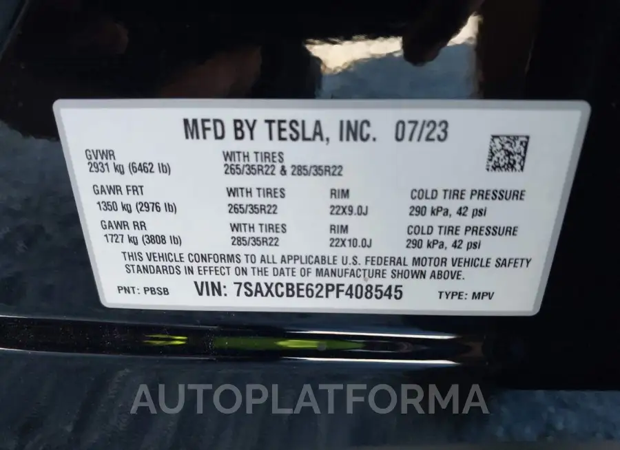 TESLA MODEL X 2023 vin 7SAXCBE62PF408545 from auto auction Iaai