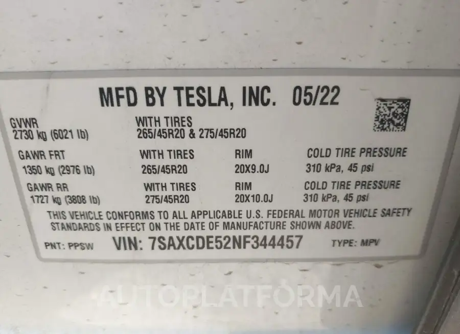 TESLA MODEL X 2022 vin 7SAXCDE52NF344457 from auto auction Iaai