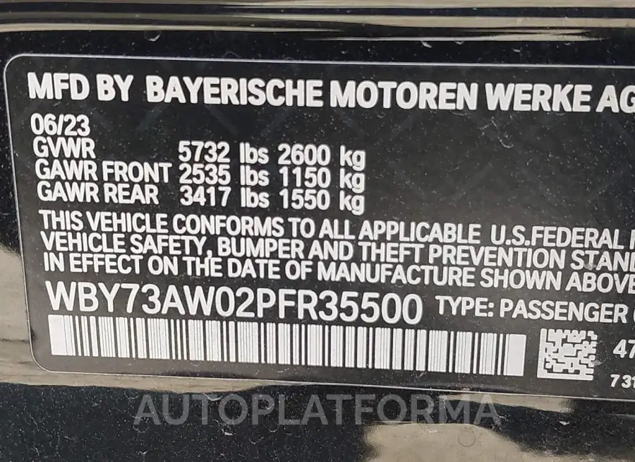 BMW I4 2023 vin WBY73AW02PFR35500 from auto auction Iaai