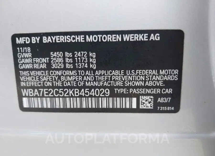 BMW 740I 2019 vin WBA7E2C52KB454029 from auto auction Iaai