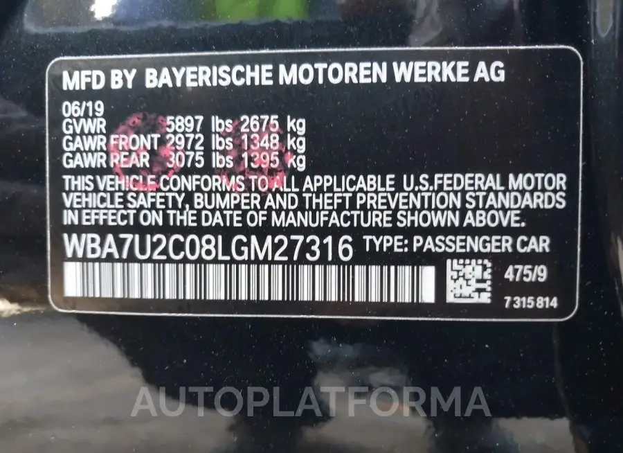 BMW 750I 2020 vin WBA7U2C08LGM27316 from auto auction Iaai