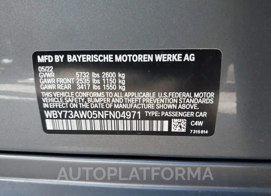 BMW I4 2022 vin WBY73AW05NFN04971 from auto auction Iaai