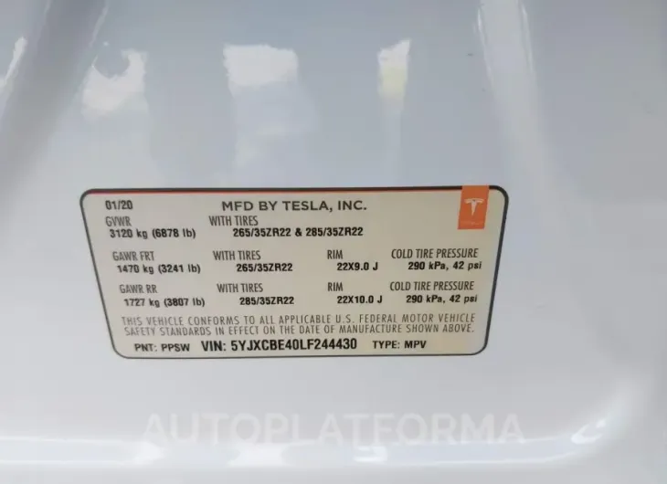 TESLA MODEL X 2020 vin 5YJXCBE40LF244430 from auto auction Iaai