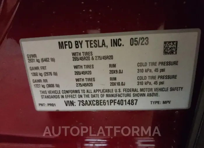 TESLA MODEL X 2023 vin 7SAXCBE61PF401487 from auto auction Iaai