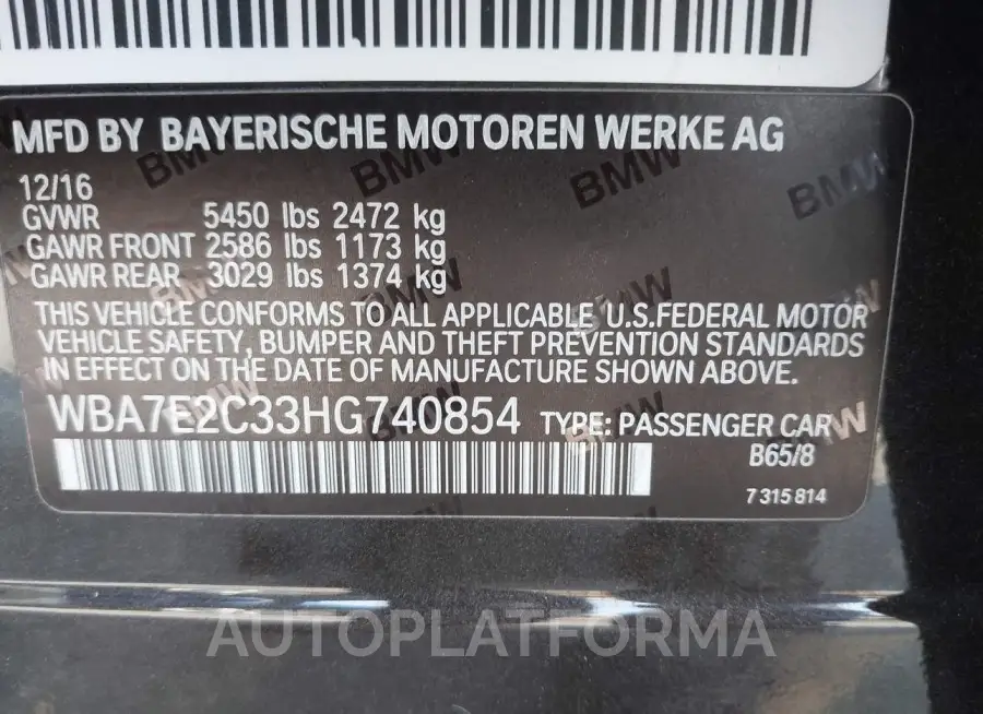 BMW 740I 2017 vin WBA7E2C33HG740854 from auto auction Iaai