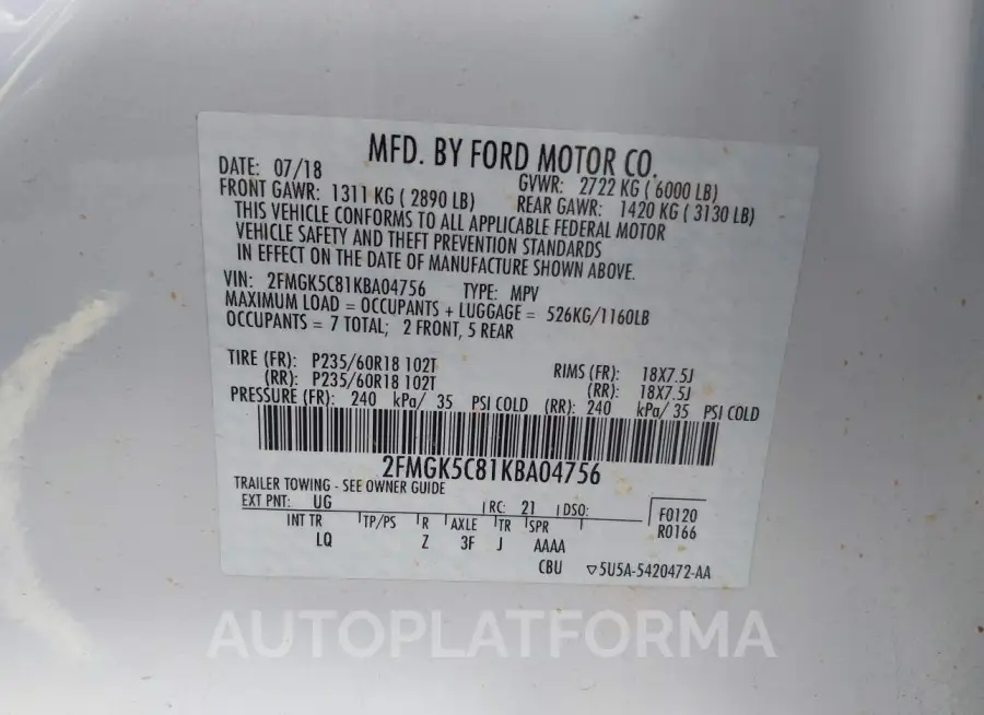 FORD FLEX 2019 vin 2FMGK5C81KBA04756 from auto auction Iaai