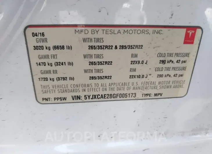 TESLA MODEL X 2016 vin 5YJXCAE28GF005173 from auto auction Iaai