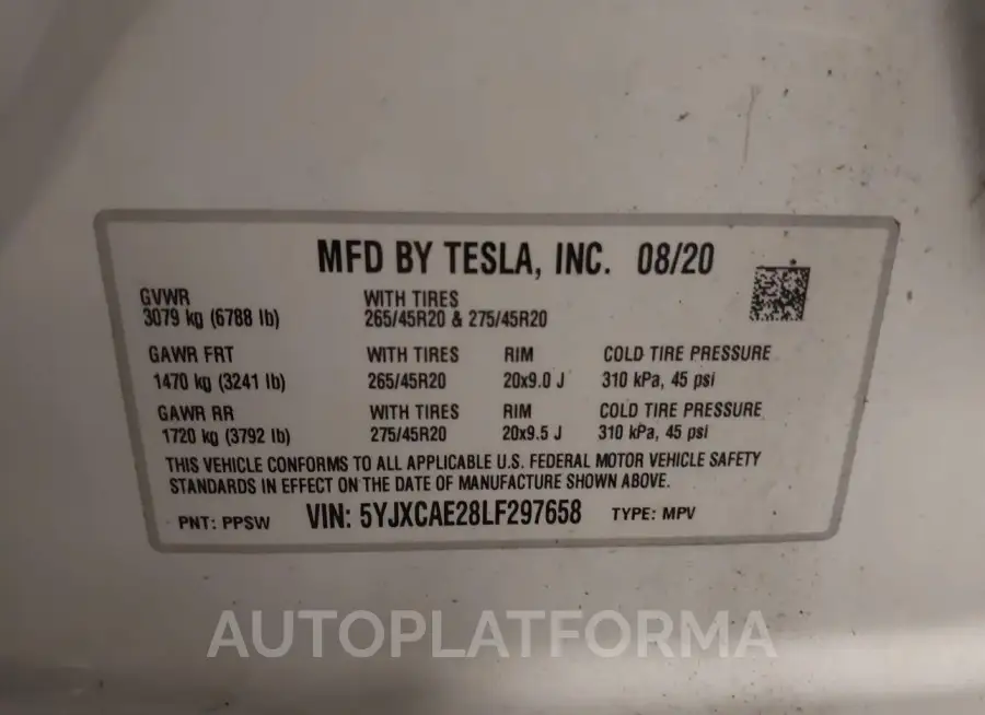 TESLA MODEL X 2020 vin 5YJXCAE28LF297658 from auto auction Iaai