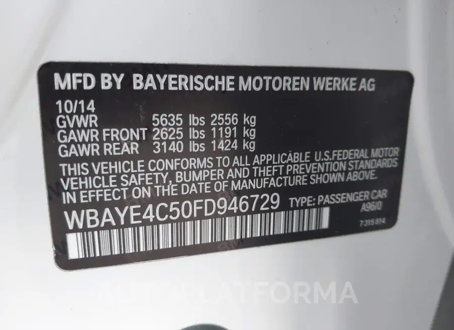 BMW 740LI 2015 vin WBAYE4C50FD946729 from auto auction Iaai