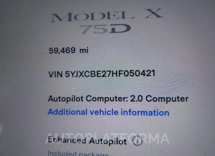 TESLA MODEL X 2017 vin 5YJXCBE27HF050421 from auto auction Iaai